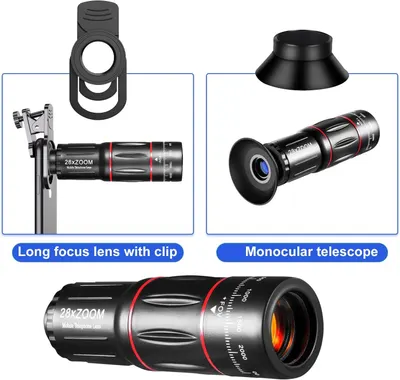 Shows the customer all the different components and configurations included with the 28x zoom mobile telephone lens, demonstrating the versatility and completeness of the kit.