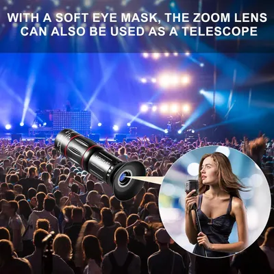 Demonstrates the product's versatility by showing it can be used as both a zoom lens and a telescope for viewing concerts and performances from a distance. Highlights the product's versatile nature…