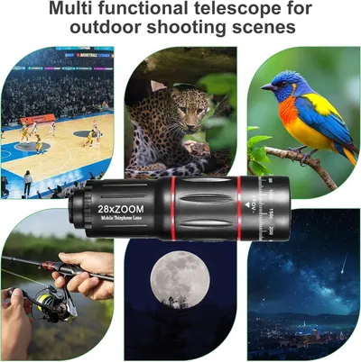 Demonstrates the versatility of the telescope lens by showing it can be used across multiple scenarios including sports photography, wildlife observation, bird watching, fishing, and astronomy.