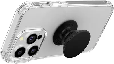 Shows the customer what they receive: a clear protective phone case with a built-in pop socket grip for enhanced handling and viewing convenience.