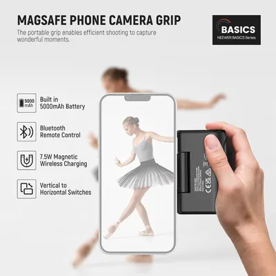 Communicates multiple key features of the MagSafe phone camera grip in a segmented layout to show shoppers the comprehensive functionality and convenience benefits of the product.