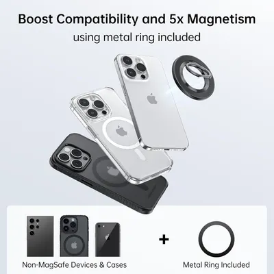 Communicates that the case is compatible with MagSafe technology and includes a metal ring to boost magnetic strength by 5x, reassuring shoppers that the case works seamlessly with magnetic…