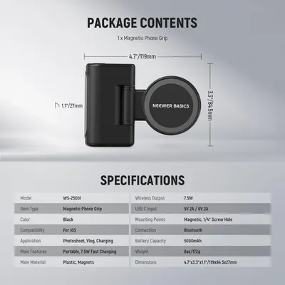Communicates the exact physical size and weight of the magnetic phone grip with dimensional arrows and measurements, helping shoppers understand how compact and portable the product is. Shows what…