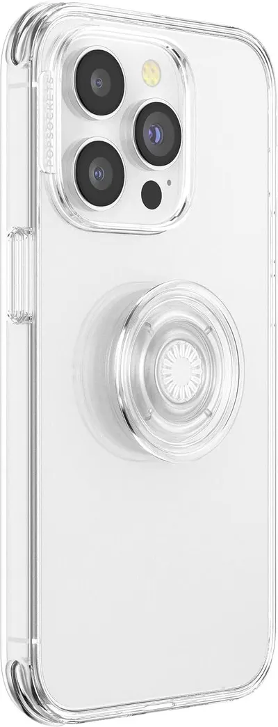 Displays the product in a clean, catalog-style format on a white background to show the transparent case design, camera protection, and integrated pop socket accessory.