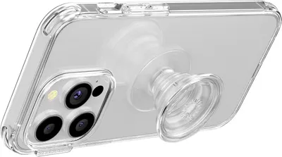 Provides a clean, catalog-style view of the transparent phone case with integrated pop socket stand, allowing shoppers to see the product design and features without distractions.