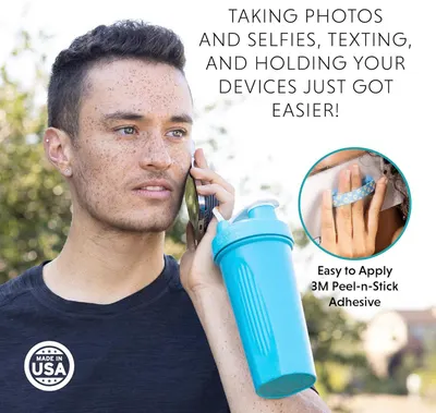 Demonstrates how the product enables hands-free device holding during activities like phone calls, texting, and taking photos, highlighting the ease of applying the 3M peel-n-stick adhesive.…