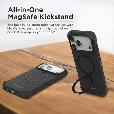 Highlights the built-in kickstand feature that folds flat for MagSafe compatibility and flips out to prop up the phone, emphasizing convenience and versatility.