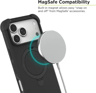 Demonstrates that the phone case is compatible with MagSafe accessories, showing the magnetic snap-on functionality to reassure shoppers about accessory compatibility. Highlights the built-in magnet…