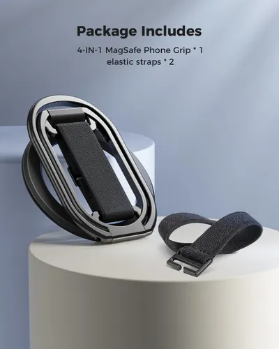 Shows the customer exactly what items are included in the package: the main phone grip product and two elastic straps, helping set clear expectations for the purchase.