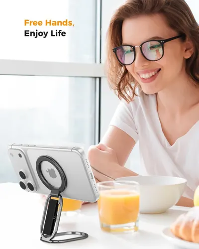 Communicates the hands-free benefit of the phone stand, allowing users to enjoy everyday activities like eating or relaxing without holding their device.