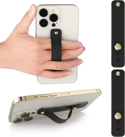 Demonstrates how the phone grip accessory attaches to the back of a phone and can be used both as a finger strap for secure holding and as a kickstand for hands-free viewing. Highlights the…
