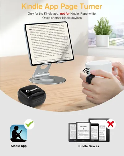 Demonstrates that this page turner accessory is specifically designed for the Kindle app (not Kindle devices), showing the wireless remote functionality and clarifying compatible vs. incompatible…