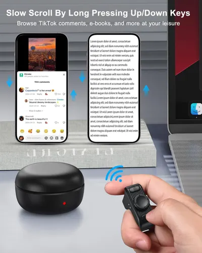 Demonstrates how to use the wireless remote control to slow-scroll through content like TikTok comments and e-books by long-pressing the up/down keys, showing the product's ease of use and practical…