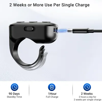 Communicates the product's exceptional battery performance with three key metrics: 90 days standby time, 1 hour full charge, and 2 weeks of use per charge, reassuring shoppers of long-lasting…