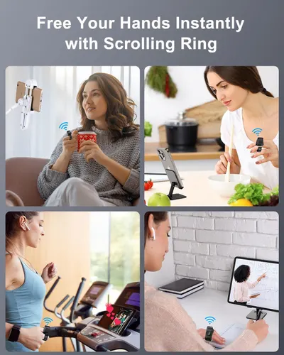 Demonstrates the versatility of the scrolling ring accessory by showing it can be used in multiple real-world scenarios: relaxing at home, cooking in the kitchen, exercising at the gym, and working…