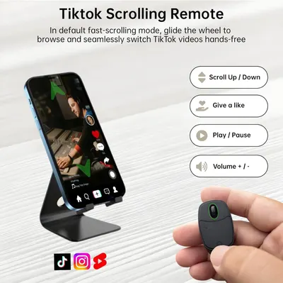 Demonstrates the multiple capabilities of the TikTok scrolling remote, showing shoppers how they can control various functions hands-free for a more convenient viewing experience.