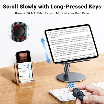 Demonstrates how to use the wireless remote control with long-pressed keys to scroll through content on devices like tablets, phones, and e-readers at a controlled pace. Shows the product's…