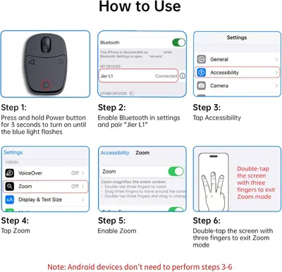 Provides step-by-step instructions for setting up and using the device, including Bluetooth pairing, enabling accessibility features, and configuring zoom mode on iOS devices.