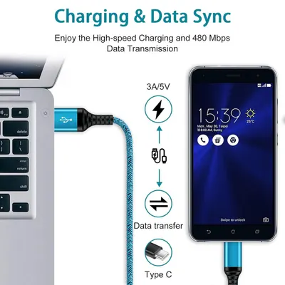 Communicates multiple key benefits of the charging cable: fast charging capability, high-speed data transfer, and Type C connector compatibility to help shoppers understand the product's versatility…
