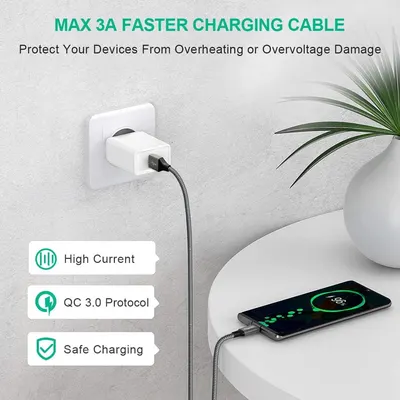 Communicates multiple key benefits of the charging cable including fast charging capability, Quick Charge 3.0 compatibility, and safety protection features to reassure shoppers of the product's…