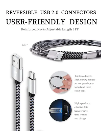 This image communicates multiple product benefits in a segmented layout: the reversible user-friendly design, reinforced durability, adjustable length, and fast data transfer capabilities to…