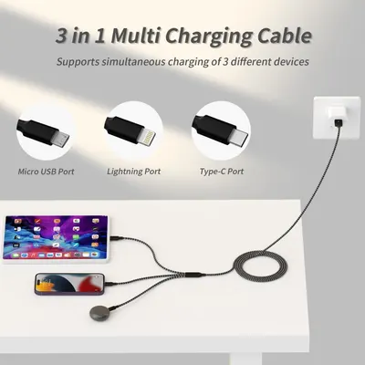 Demonstrates the cable's versatility by showing it can charge three different device types simultaneously (Micro USB, Lightning, and Type-C), reassuring shoppers of broad compatibility and…