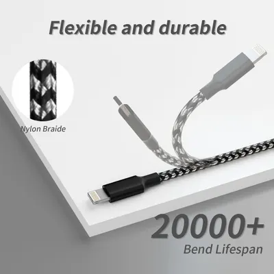 Communicates the product's exceptional durability through a quantifiable performance metric, reassuring shoppers that the cable can withstand over 20,000 bends. Highlights the physical construction…
