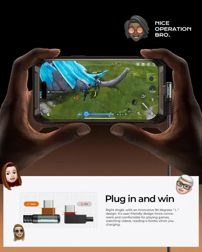 Demonstrates the innovative right-angle charging design that allows comfortable gaming, video watching, and e-book reading while the device is charging.