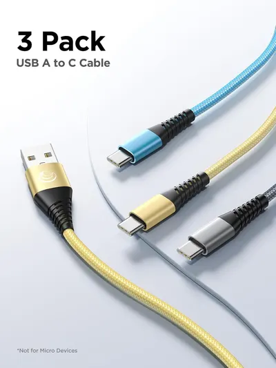 Shows the customer receives three USB A to C cables in different colors (blue, gold, gray) when purchasing this product, emphasizing value and variety.