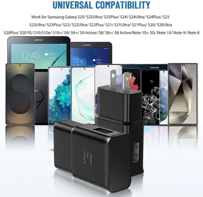 Demonstrates the charger's broad compatibility across multiple Samsung Galaxy phone and tablet models, reassuring shoppers that it will work with their specific device.