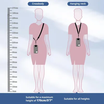 Demonstrates two wearing styles (crossbody and hanging neck) with a height reference scale to help shoppers understand how the product will fit and which style suits their height.