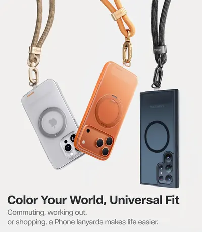 Showcases the brand's product lineup in multiple color options (clear, orange, dark blue) to help shoppers choose their preferred style while emphasizing universal compatibility and lifestyle…