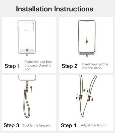 Provides clear step-by-step instructions for installing and setting up the phone case with charging pad and lanyard, ensuring shoppers understand the complete installation process.
