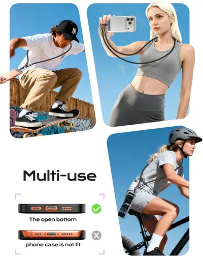 Demonstrates the product's versatility by showing it being used across multiple active lifestyle scenarios, reassuring shoppers it works for various activities. Highlights the phone case's…