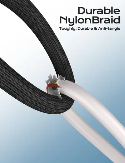 Highlights the durable nylon braid material and internal wire structure to reassure shoppers of the cable's toughness and anti-tangle properties. Communicates the primary benefit of the cable's…