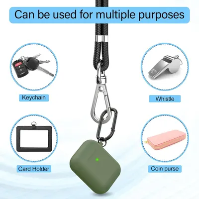 Demonstrates the product's versatility by showing four different items it can be used to carry (keychain, whistle, card holder, coin purse), reassuring shoppers that it's a multi-functional accessory.