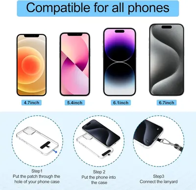 Demonstrates that the product works with multiple phone sizes (4.7-6.7 inch) and shows how to install and use the lanyard attachment system across different devices. Provides clear step-by-step…