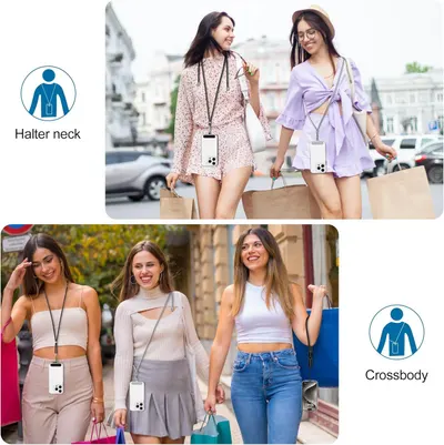 Demonstrates two different wearing styles (halter neck and crossbody) for the phone case strap, showing shoppers the versatility and multiple ways to use the product in real-world lifestyle scenarios.