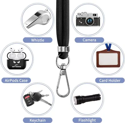 Demonstrates the lanyard's versatility by showing multiple items it can hold or attach to, including a whistle, camera, AirPods case, card holder, keychain, and flashlight, reassuring shoppers of…