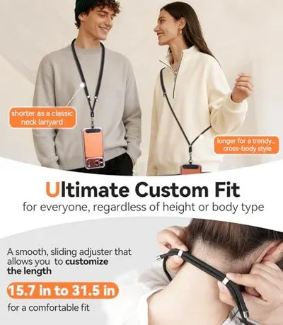 Communicates that the phone lanyard offers multiple wearing options (neck lanyard or cross-body) and adjustable length to fit all body types, emphasizing versatility and customization.