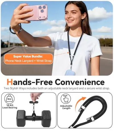 Communicates multiple benefits of the phone lanyard bundle including hands-free convenience, strong load capacity, and adjustable length to reassure shoppers of versatility and durability.