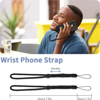 Demonstrates the product's adjustable, movable wrist strap design that allows hands-free phone use, providing convenience and security for the user.