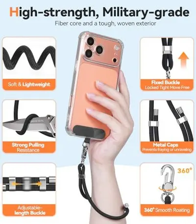 This image breaks down the physical components and construction features of the phone strap to demonstrate its military-grade durability and functional design elements. Showcases multiple distinct…