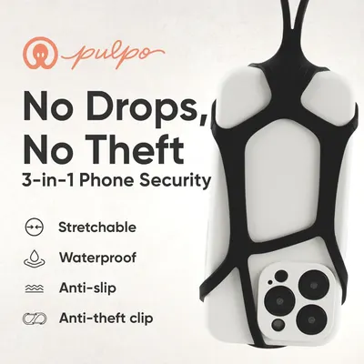 Communicates multiple key benefits of the phone security product, showing it prevents drops and theft while being stretchable, waterproof, anti-slip, and equipped with an anti-theft clip.