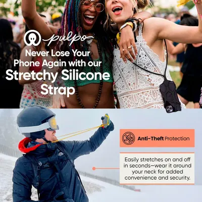 Demonstrates the product's versatility by showing it in multiple real-world scenarios (festival and skiing) to communicate that the phone strap works across different activities and lifestyles.…