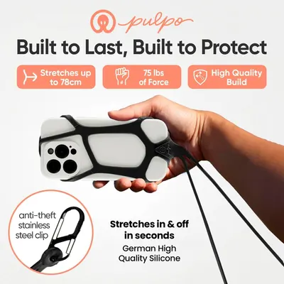 Communicates multiple key benefits of the phone case holder including its stretchability up to 78cm, 75 lbs force resistance, high quality construction, anti-theft stainless steel clip, and ease of…