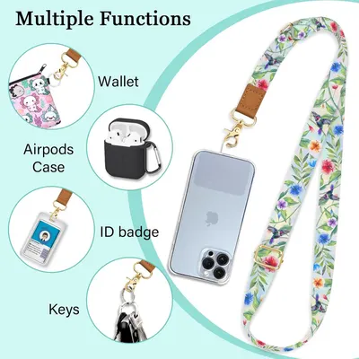 Demonstrates the lanyard's versatility by showing it can hold multiple items (wallet, AirPods case, ID badge, keys, phone), reassuring shoppers of its multi-functional value.