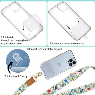 Provides step-by-step visual instructions showing shoppers how to install the phone case and attach the adjustable lanyard, making setup clear and easy to understand.