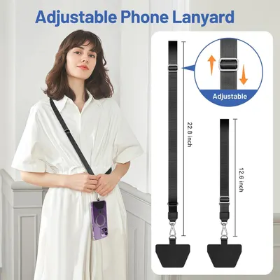 Communicates the adjustable nature of the phone lanyard and provides exact length measurements (22.8 inch and 12.6 inch) to help shoppers understand the product's size range and versatility.…