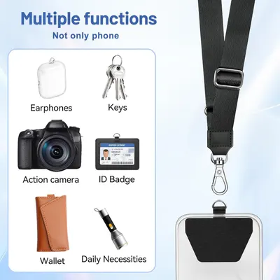 Demonstrates the product's versatility by showing multiple items it can carry or attach to, including earphones, keys, action camera, ID badge, wallet, and daily necessities, reassuring shoppers of…
